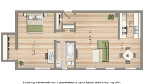 Floor plan for 1 bed, 1 bath, 806 sqft